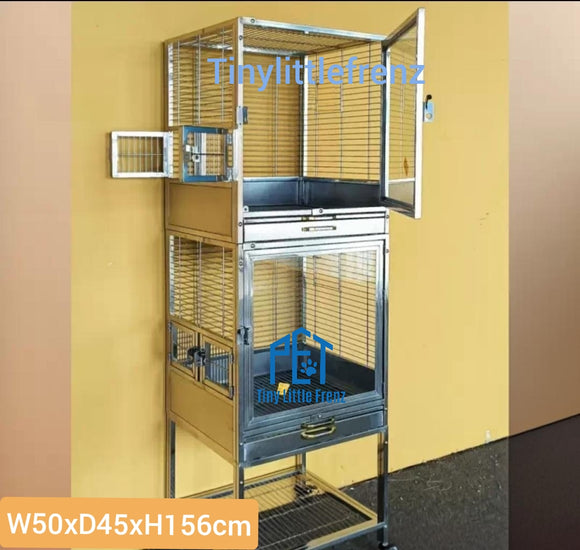 304 Stainless Steel 2 Tier Parrot Cage 50cm | Tempered Glass and Storage Shelf